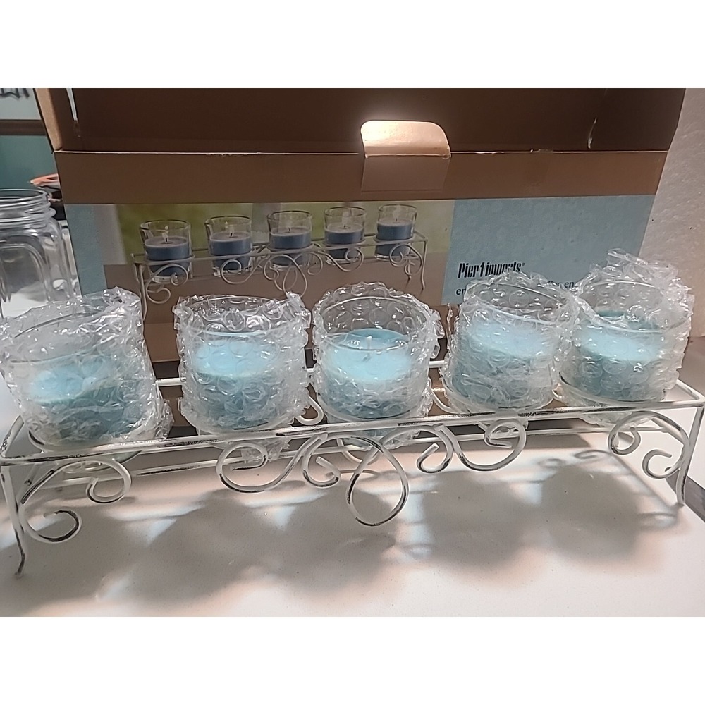 New Pier 1 Imports 5 Filled Candle Set  Marine Breeze Votive Metal Stand Blue